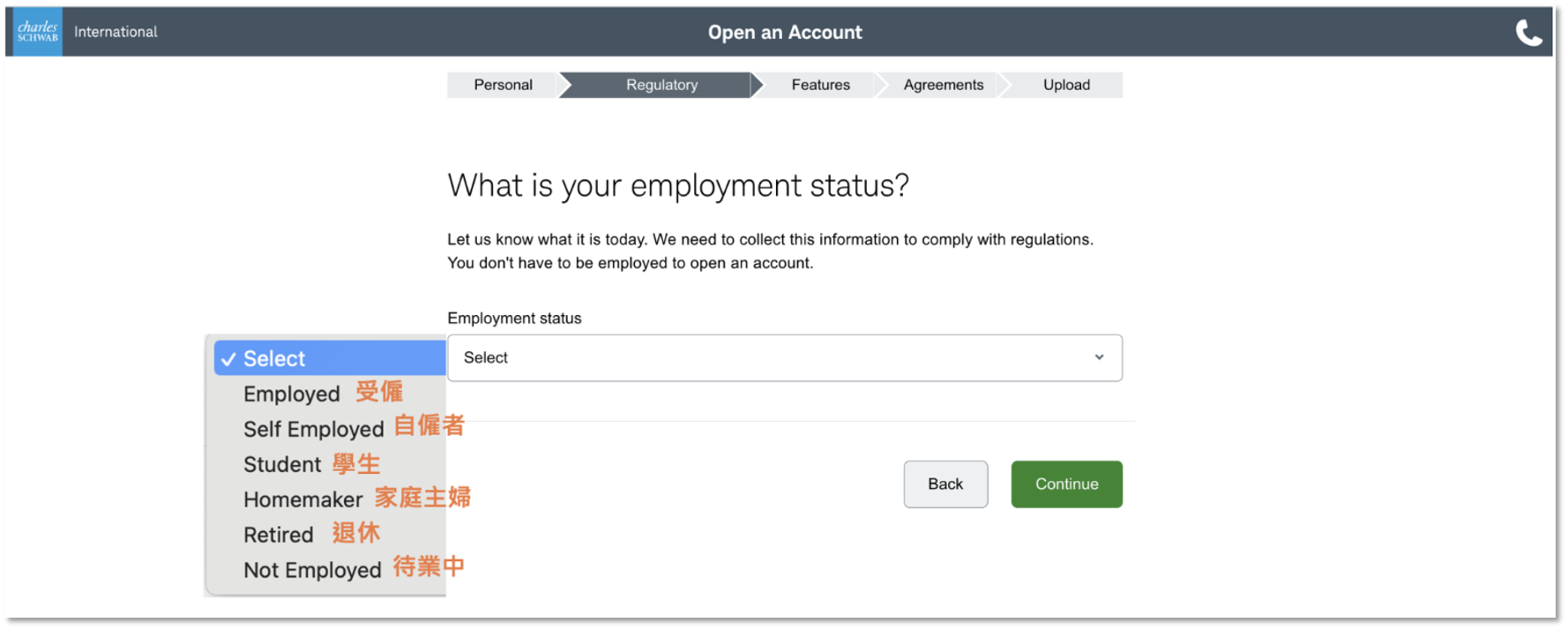 填寫就業狀況和收入資產的表單