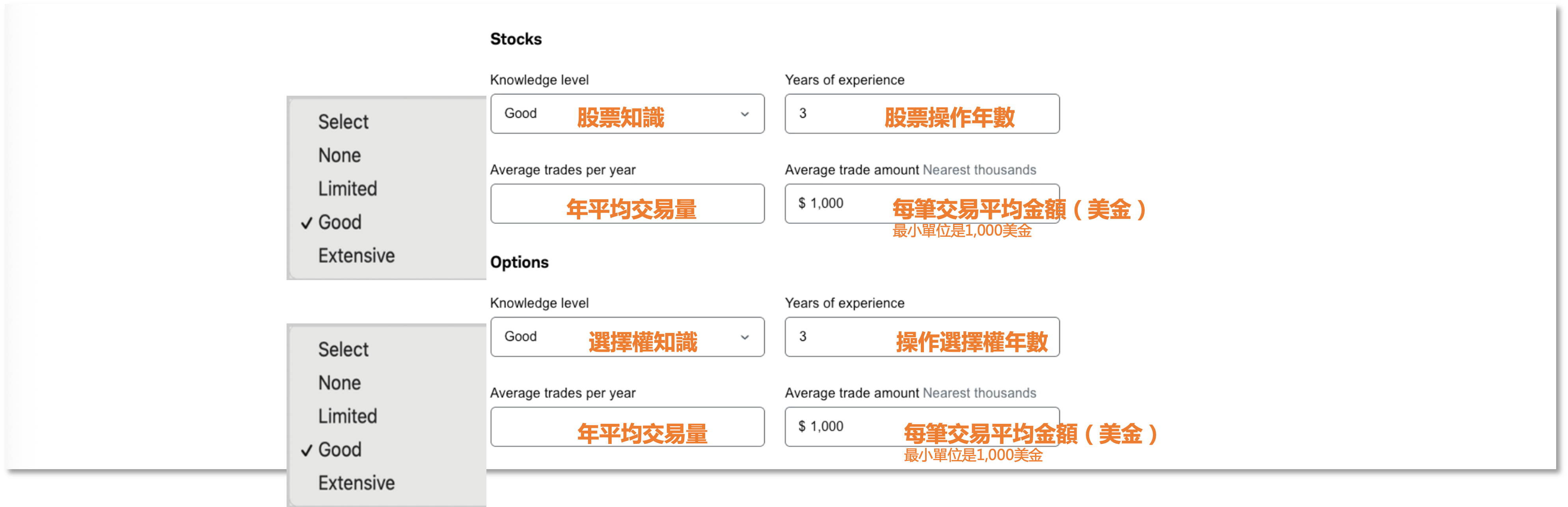 填寫個人股票及選擇權相關知識與交易經驗的表單